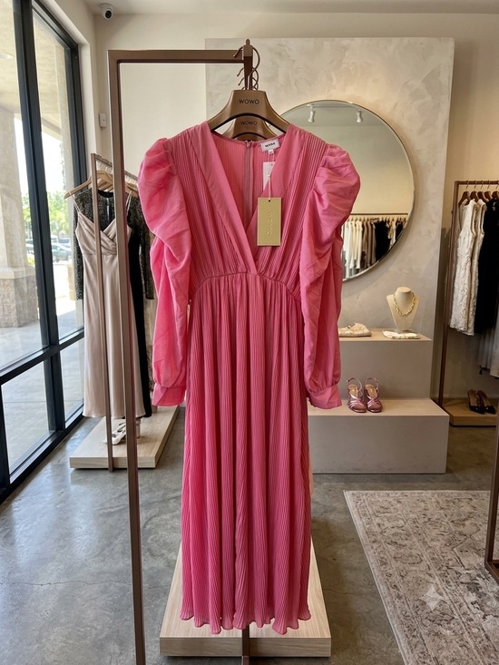 Wowo Pants - Wowo Pink Pleated V-Neck jumpsuit with Puff Sleeves